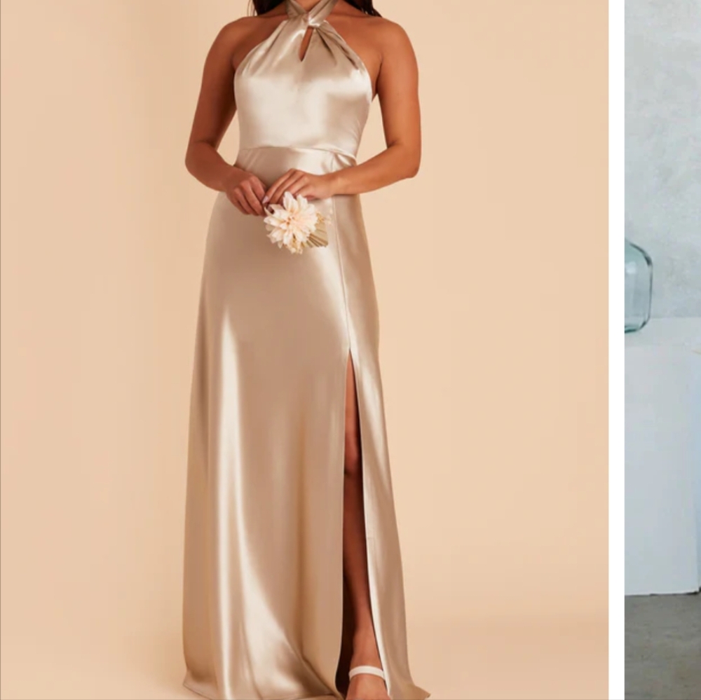 Birdy Grey Satin Halter Prom Dress in Champagne
